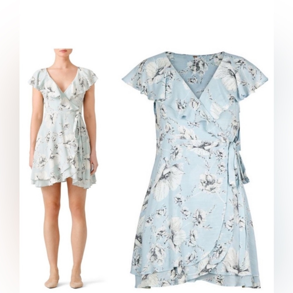 Free People Blue Floral Ruffle Wrap Dress S